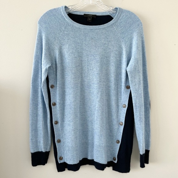 J. Crew Blue Wool Angora Elbow Patch Sweater Colorblock Button Detail Equestrian - Picture 1 of 6